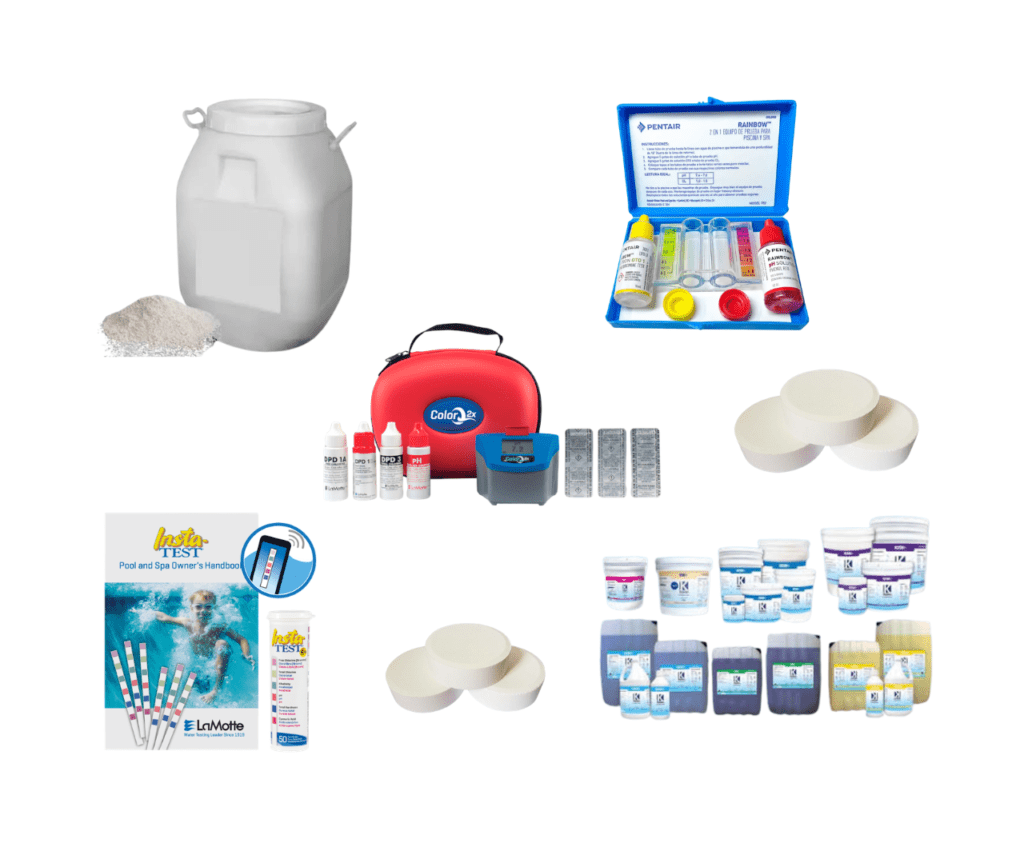 Equipos LaMotte y productos químicos especializados como cloro, tricloro, alguicidas, abrillantadores y ajustadores de pH para analizar, desinfectar y mantener el agua de la alberca limpia, cristalina y balanceada.